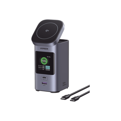 Power Bank de 25000mAh | 3 Salidas 145W Max. | USB-A + 2 USB-C | QI2 |  PD 3.0, QC3.0 | FCP | SCP | Pantalla Inteligente | Carcasa Ignifuga | Color Gris | Incluye Cable USB de 50cm | Carga tu Laptop de Manera Segura.