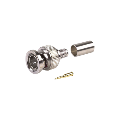 Conector BNC Macho, en 75 Ohm, Anillo Plegable para RG-59/U, 62A, Níquel/ Oro/ Delrin.