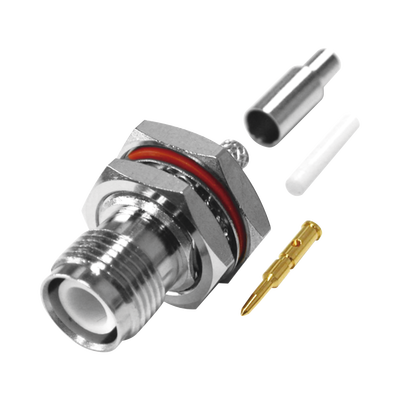 Conector TNC Hembra Inverso de Montaje Trasero en Panel, D-Plano, Hermético de Anillo Plegable para RG-316/U, Níquel/ Oro/ Teflón.