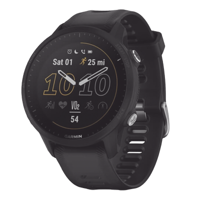 Reloj Garmin Forerunner 955 color negro en correa de silicón, con funciones premium de entrenamiento.