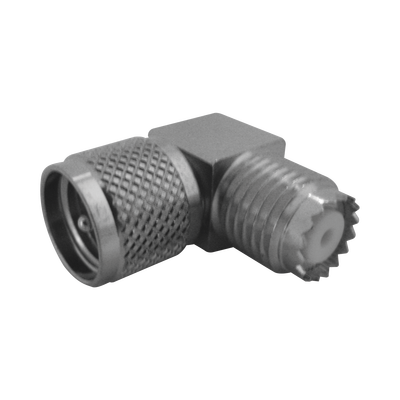 Adaptador en Ángulo Recto, de Conector Mini UHF Macho a Mini UHF Hembra, Cuerpo Cuadrado, Níquel/ Estaño/ Teflón.