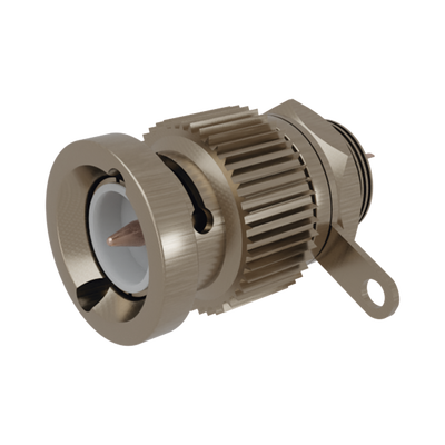 Conector BNC Macho, Montaje Frontal en D-Plano, Contacto Soldable, Níquel/ Oro/ Teflón.