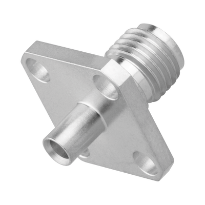 Conector SMA Hembra, 4 Hoyos en Panel de 13 mm, Soldable en Cable Semi-Rígido de 0.047" Diámetro, Grupo SR0, Oro/ Oro/ Teflón.