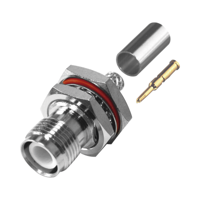 Conector TNC Hembra Inverso de Montaje Trasero en Panel, D-Plano, Chaflán en Rosca a 45 Grados, Hermético de Anillo Plegable para RG-58/U, Níquel/ Oro/ Teflón.