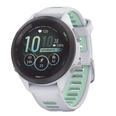 Forerunner® 265S, Bisel negro con carcasa en blanco y correa de silicona en blanco/verde