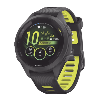 Forerunner® 265S, Bisel y carcasa en negro con correa de silicona en negro/amarillo