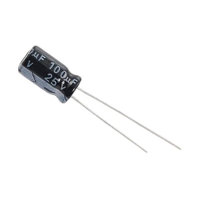 Capacitor Electrolítico de Aluminio, Radial de 100 µFd, 25 Vcc, 105 °C, 6.3 x 11 mm.