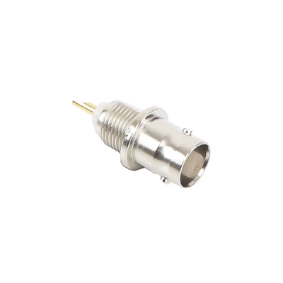 Conector BNC Hembra de Montaje Frontal D-Plano, Soldable, Rondana de Seguridad, Níquel/ Oro/ Delrin.