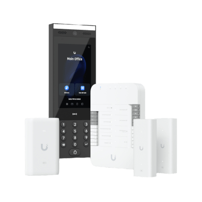 Kit de Inicio para Control de Puerta Vehicular / Intercomunicador / Desbloqueo NFC, QR, PIN, app móvil, solicitud de apertura a contacto de agenda, reconocimiento de Placas (al emparejar con una cámara UniFi AI) / Incluye HUB, Intercom, Adap