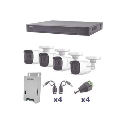 [KEVTX8T4BW/A] KIT TurboHD 1080p / DVR 4 Canales / 4 Cámaras Bala Policarbonato con Audio Integrado (exterior 2.8 mm) / Transceptores / Conectores / Fuente de Poder Profesional