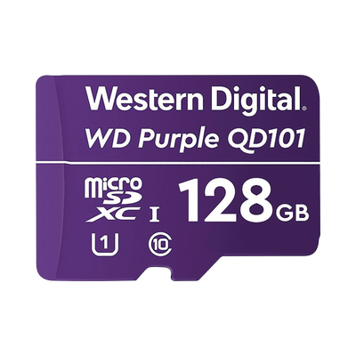 [WD128MSD] Memoria microSD de 128 GB PURPLE, Especializada Para Videovigilancia, 10 VECES MAYOR DURACIÓN, 3 AÑOS DE GARANTIA