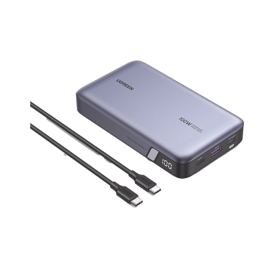 [25188] Power Bank de 20000mAh | 3 Salidas 100W Max. | USB-A + 2 USB-C | PD 3.0 | QC3.0 | FCP | SCP | Pantalla Inteligente | Carcasa Ignifuga | Color Gris | Incluye Cable USB de 50cm | Carga tu Laptop de Manera Segura.