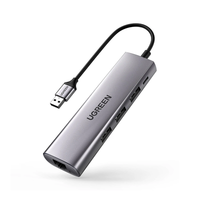 [N4-60812-206898] HUB USB-A (Docking Station) 5 en 1 | 3 USB-A 3.0 (5Gbps) | 1 RJ45 (Gigabit Ethernet) | Entrada Micro USB | Luz Indicadora LED | Doble Chip de Última Generación | Caja ABS + PC | Interfaz Niquelada | Color Gris Metalizado.